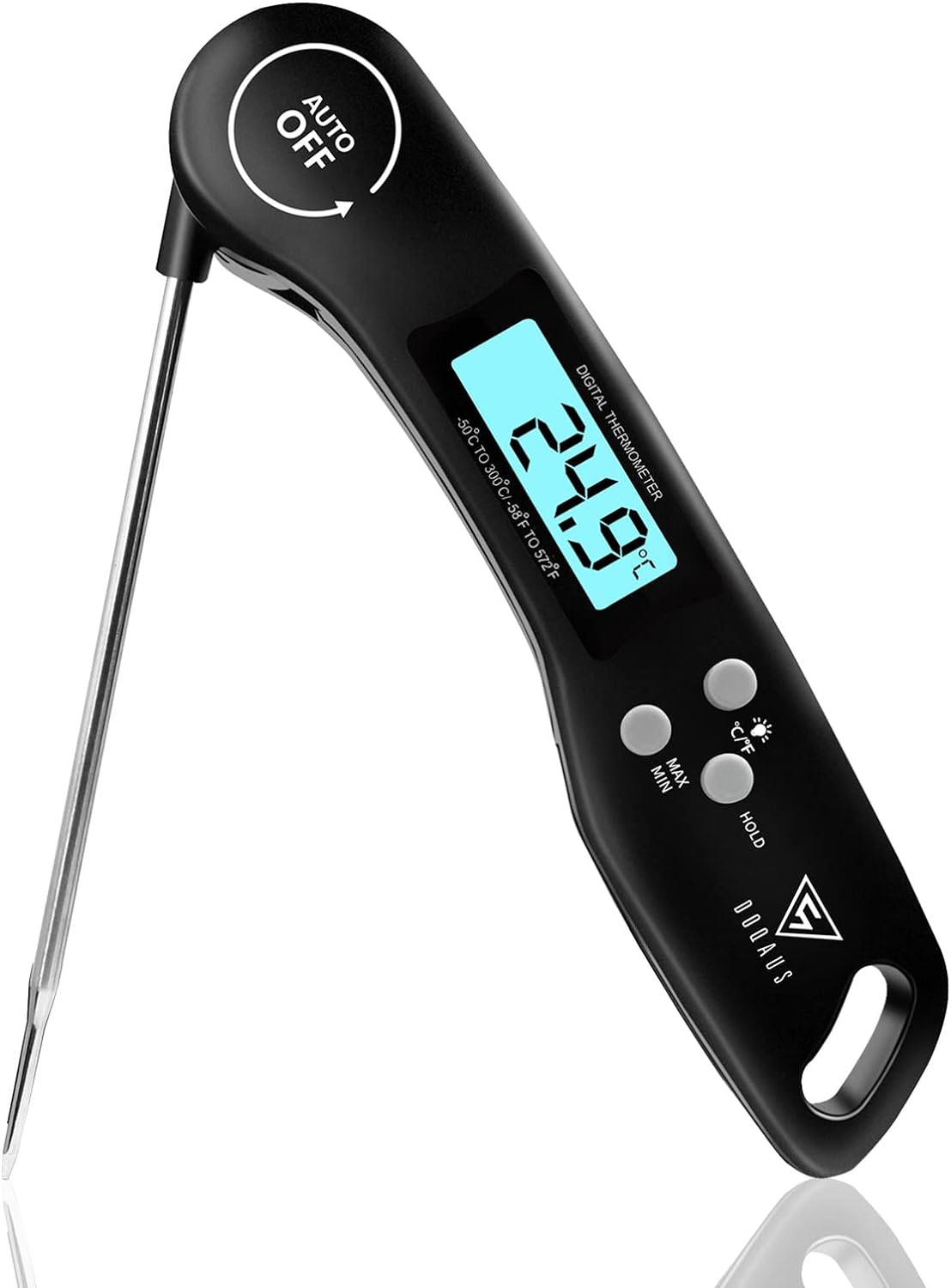 DOQAUS Digital Meat Thermometer, Instant Read Food Thermometer with Backlight LCD Screen, Foldable Long Probe  Auto On/Off, Meat Thermometer Probe for Kitchen, BBQ, Water, Milk, Cooking Food (Black)