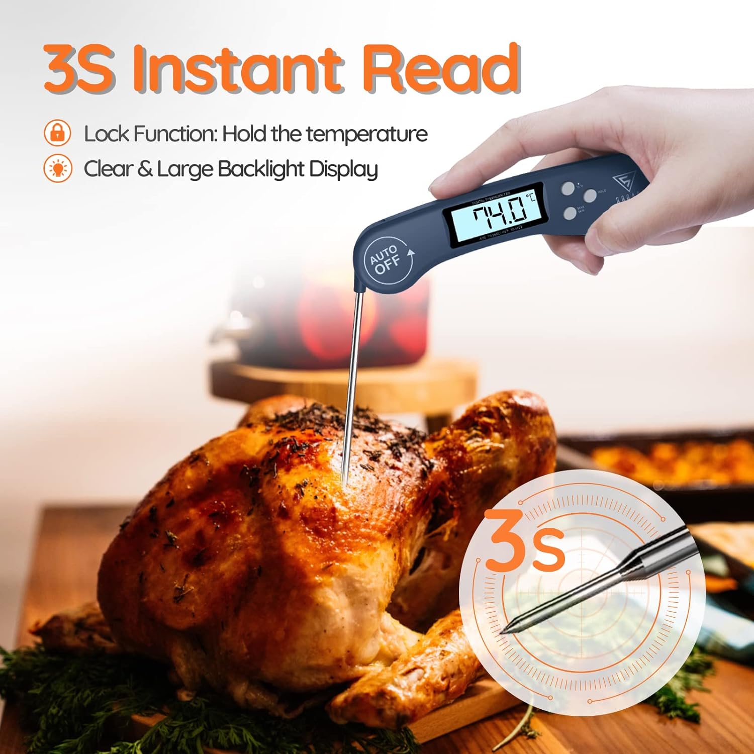 DOQAUS Digital Meat Thermometer, Instant Read Food Thermometer with Backlight LCD Screen, Foldable Long Probe  Auto On/Off, Meat Thermometer Probe for Kitchen, BBQ, Water, Milk, Cooking Food (Black)