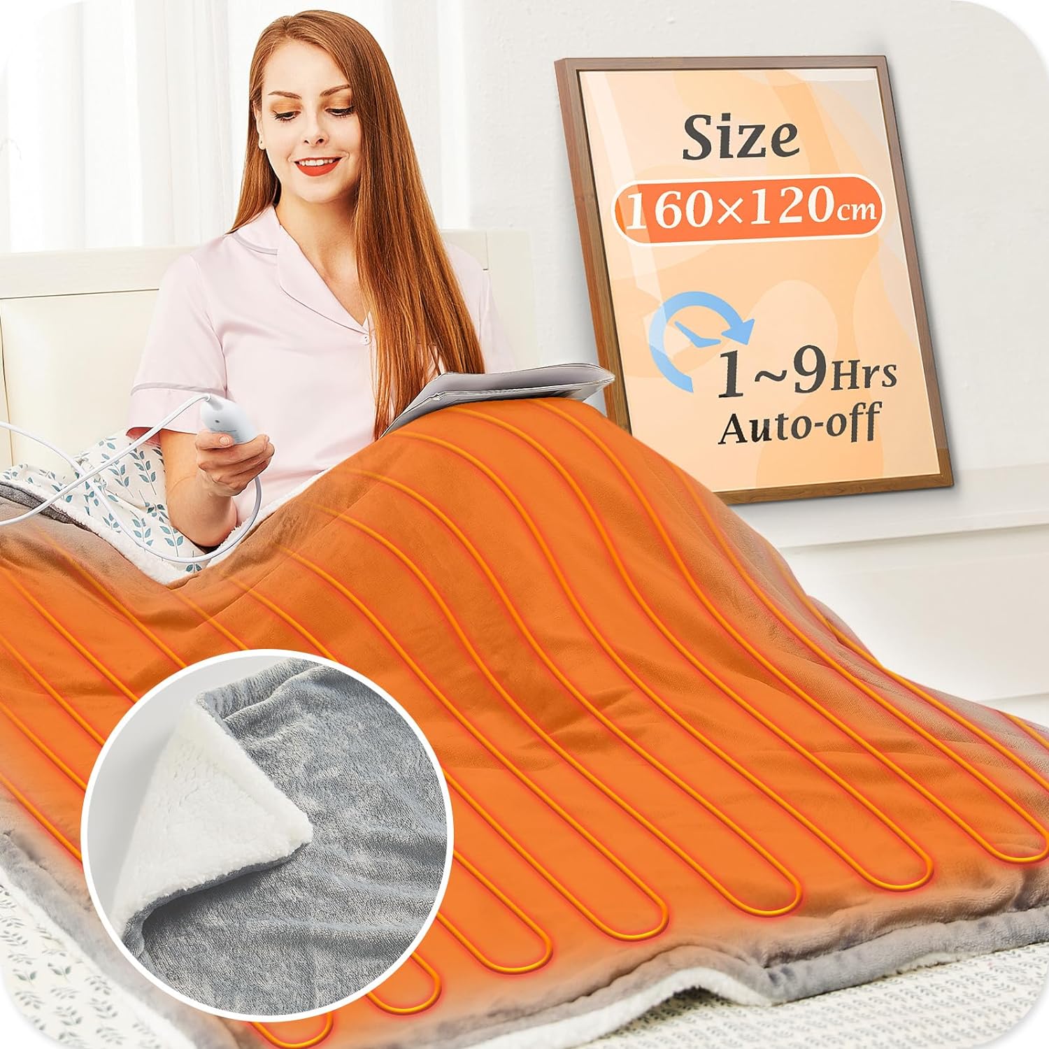 MiaCoco Electric Heated Blanket Throw Flannel Sherpa Fast Heating 120x160cm, 10 Heat Levels Up-to-9-Hours Auto-Off Timer LED Display, for Home Office Use, Machine Washable, ETL Certified, Grey