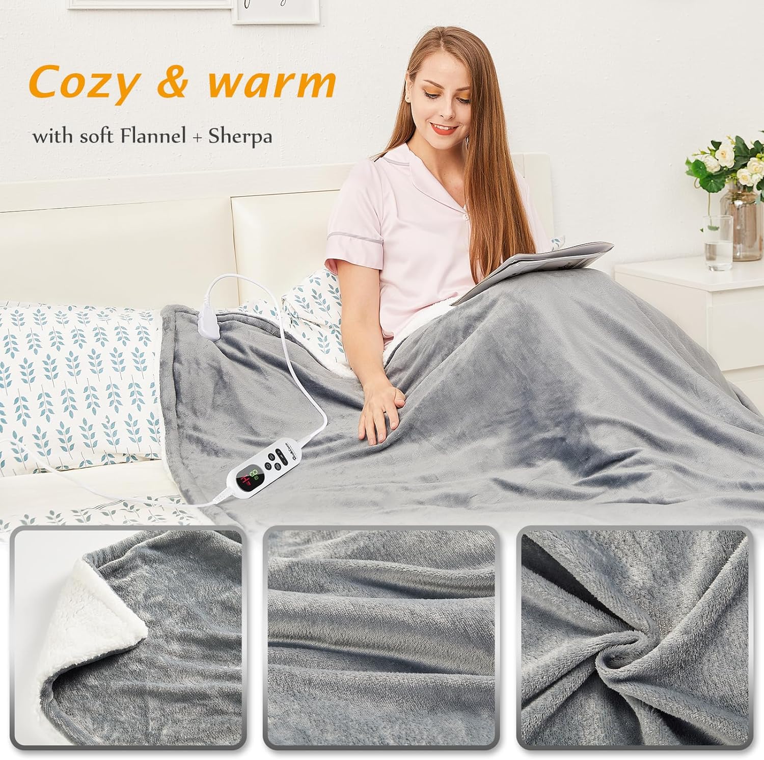 MiaCoco Electric Heated Blanket Throw Flannel Sherpa Fast Heating 120x160cm, 10 Heat Levels Up-to-9-Hours Auto-Off Timer LED Display, for Home Office Use, Machine Washable, ETL Certified, Grey