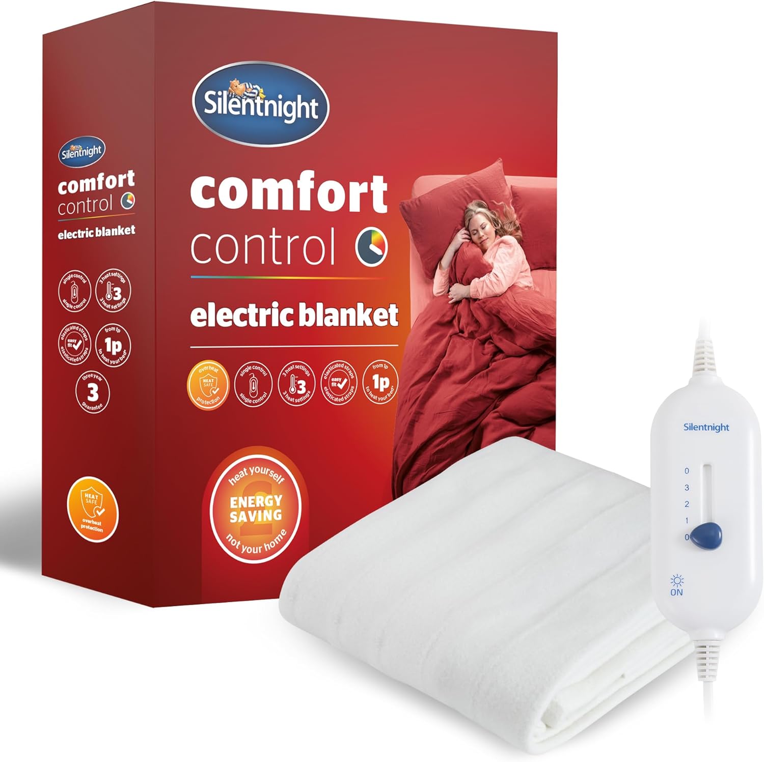 Silentnight Comfort Control Electric Blanket Double - Heated Electric Underblanket with 3 Heat Settings, Fast Heat Up, Overheat Protection and Easy Fit Straps - Machine Washable - Double 135x120cm