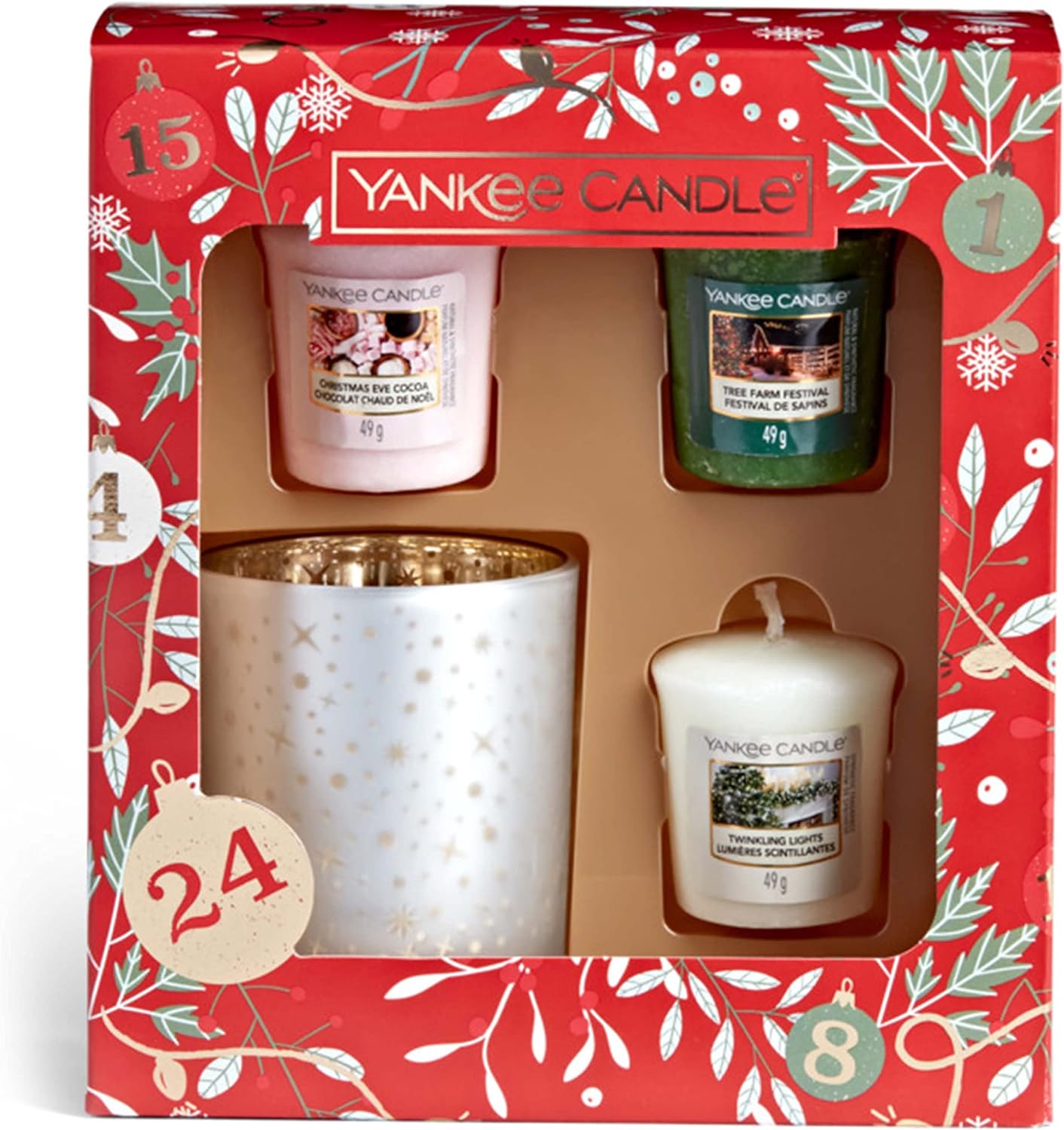 Yankee Candle Gift Set | 3 Votive Scented Candles  1 Candle Holder | Countdown to Christmas Collection