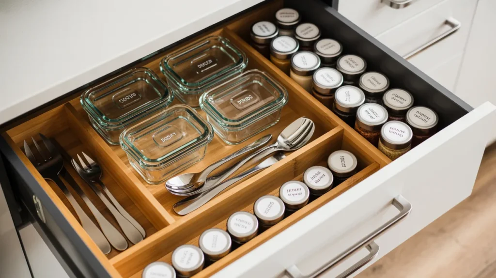 Drawer pulled open showing neatly stacked glass containers