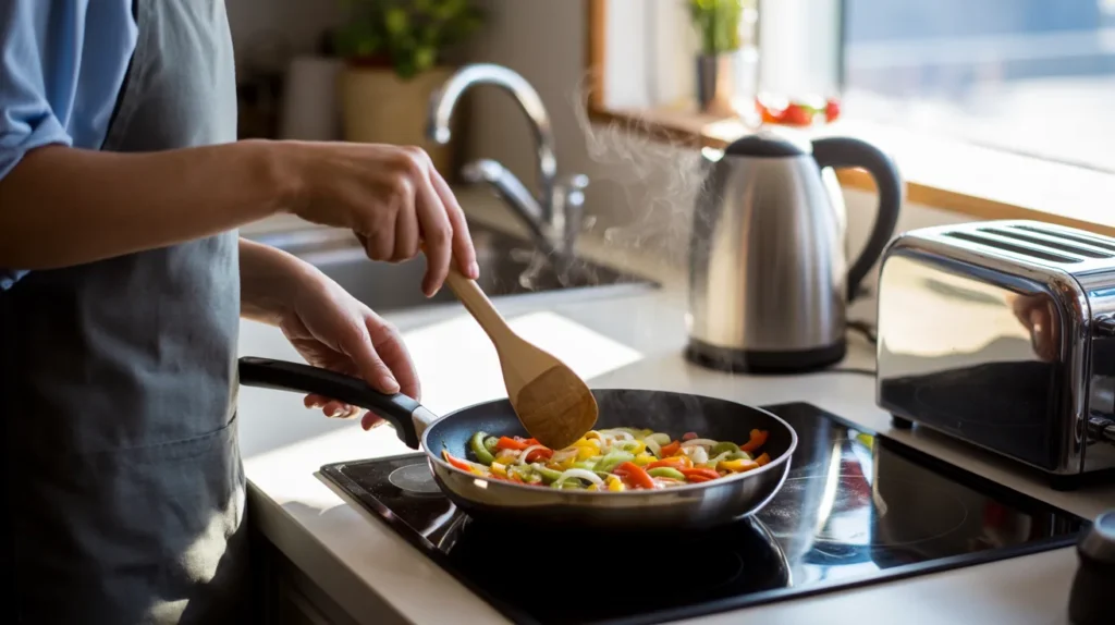 Person cooking a simple meal on electric hob, stirring vegetables in non-stick pan