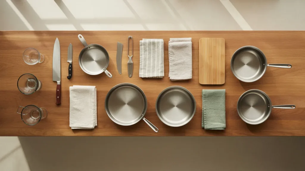 view of organised kitchen tools on wooden countertop