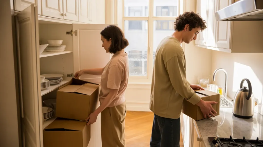 young couple unpacking kitchen boxes in a bright UK flat