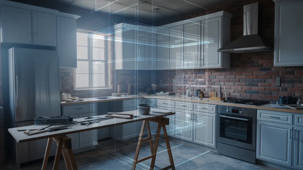 Interior shot of a half-renovated kitchen with exposed brick and tools