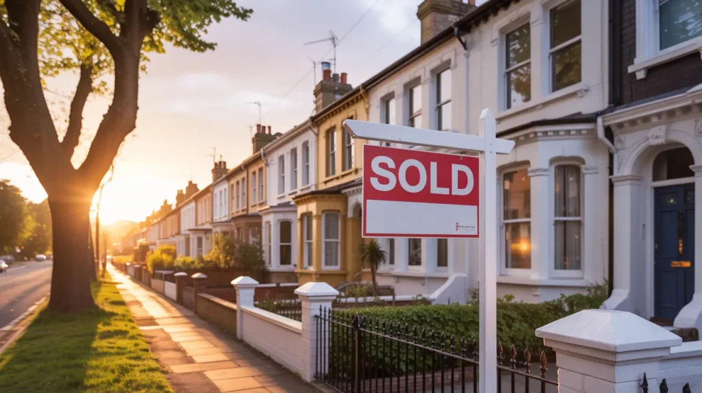 Wide-angle shot of a quiet UK street at sunset with a “Sold” sign outside a freshly refurbished home