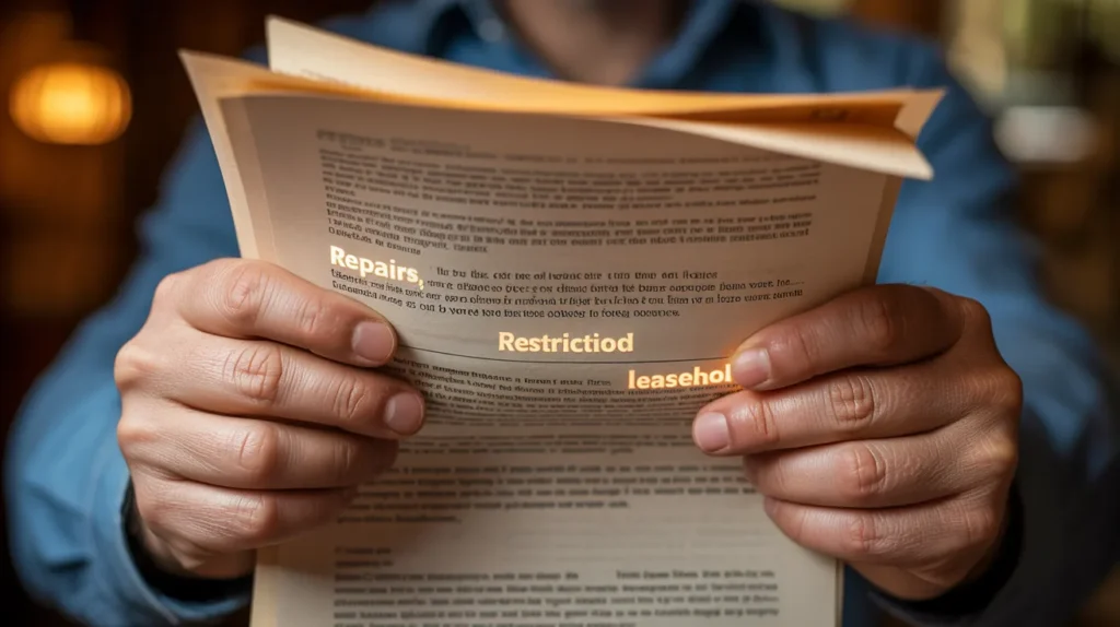 close-up of a person’s hands holding a thick lease document