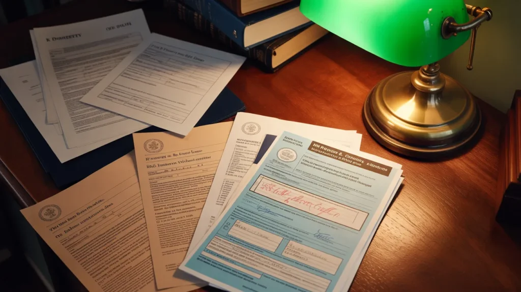 dramatic close-up of paperwork on a wooden table