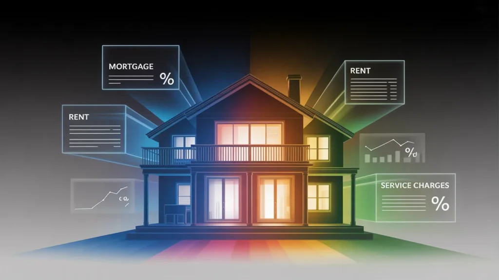home split into three glowing segments labeled Mortgage, Rent, and Service Charges