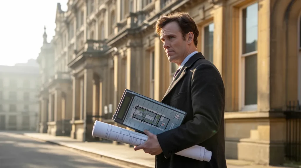 lone property investor standing outside a UK auction house at dawn
