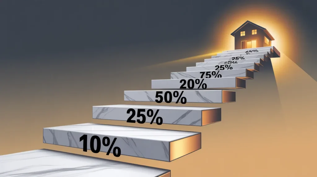 stylized staircase floating upward toward a glowing modern home silhouette