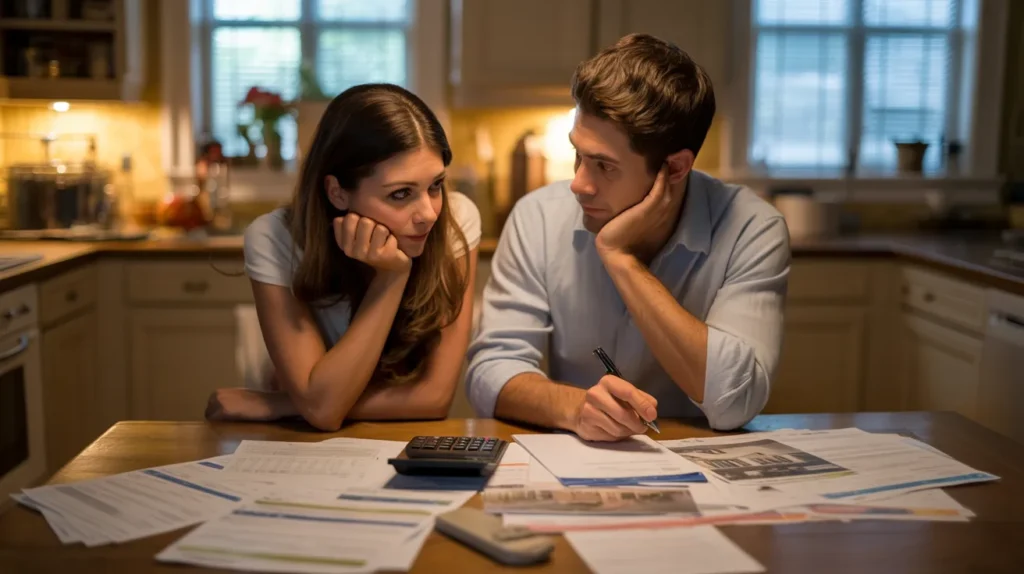 young couple seated at their kitchen table, paperwork spread out, calculator glowing softly