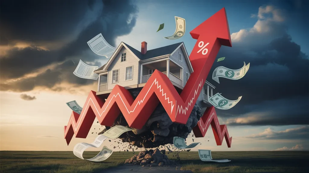 A house floating upward uncontrollably symbolizing mortgage rate hikes