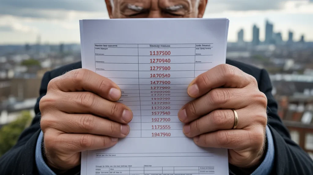 Close-up of hands holding a mortgage statement with sharply increasing numbers