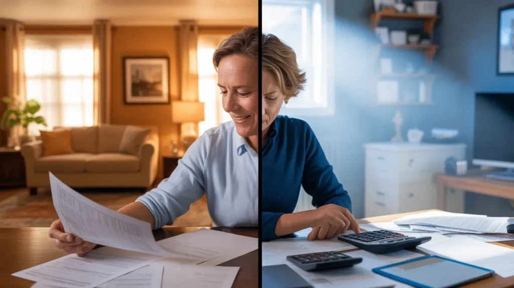 left side shows a calm homeowner during low interest rates, right side shows same person stressed under rising rates